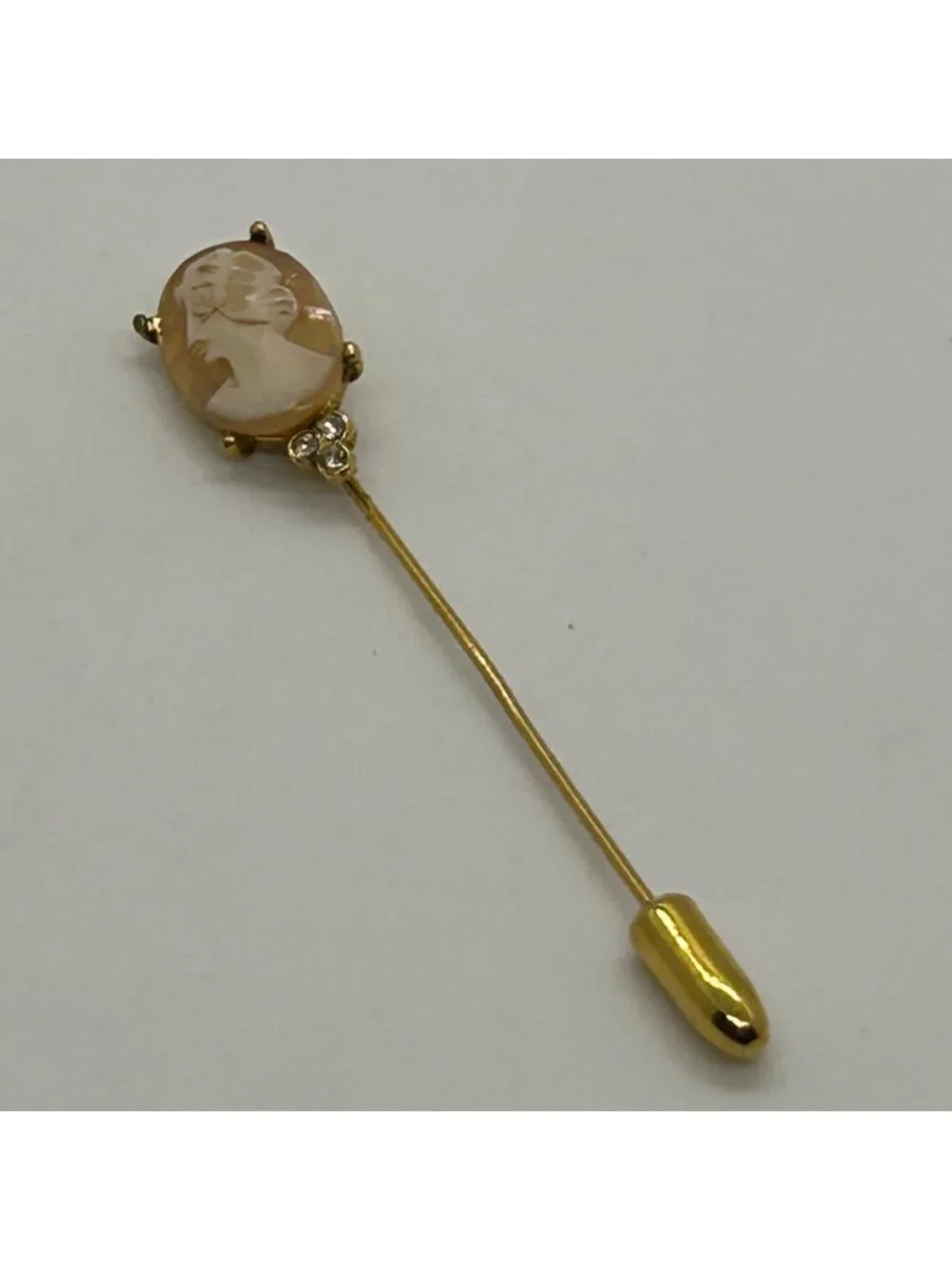 Vintage Cameo Stick Pin Carved Shell Gold-tone Portrait Brooch Hat Rhinestone